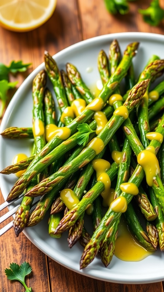 Grilled asparagus with lemon garlic butter on a rustic wooden table.